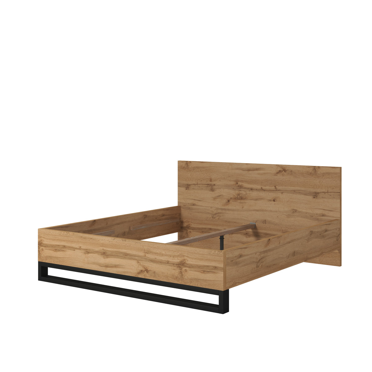 Alin bed frame with light oak panels, tall headboard, and black metal platform
