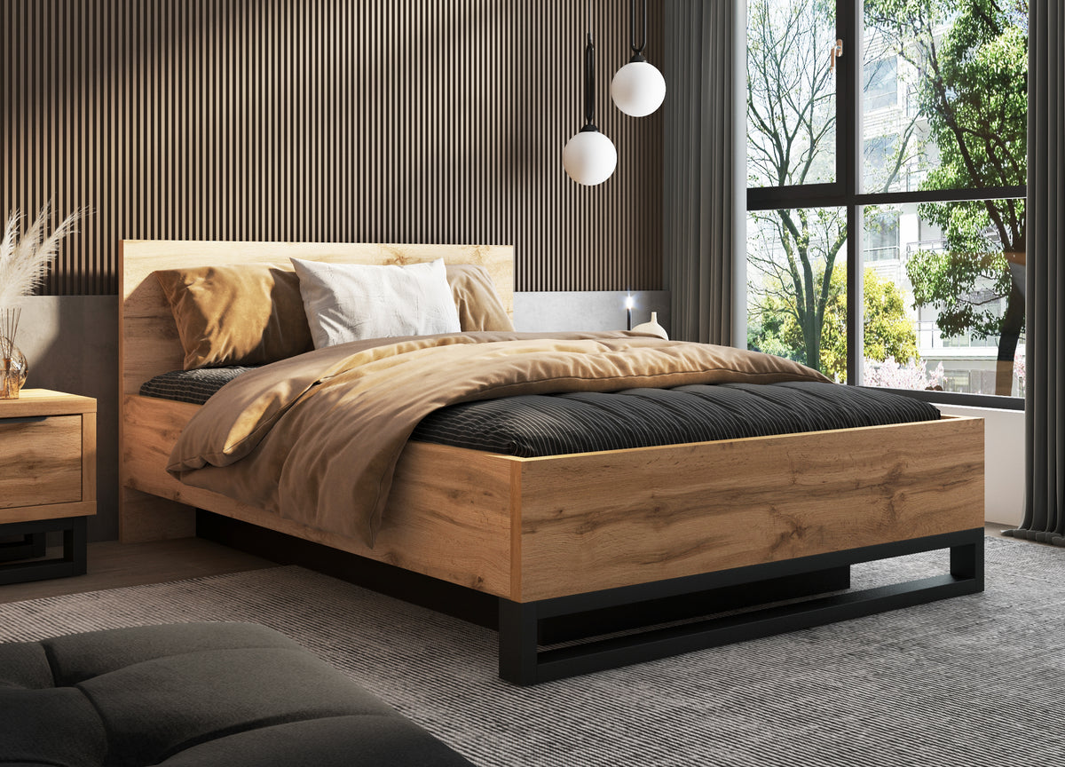 Wood-look ottoman bed with black frame, beige and dark gray bedding set