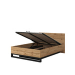Ottoman storage bed with lift-up lid, wood-effect panels, black metal base