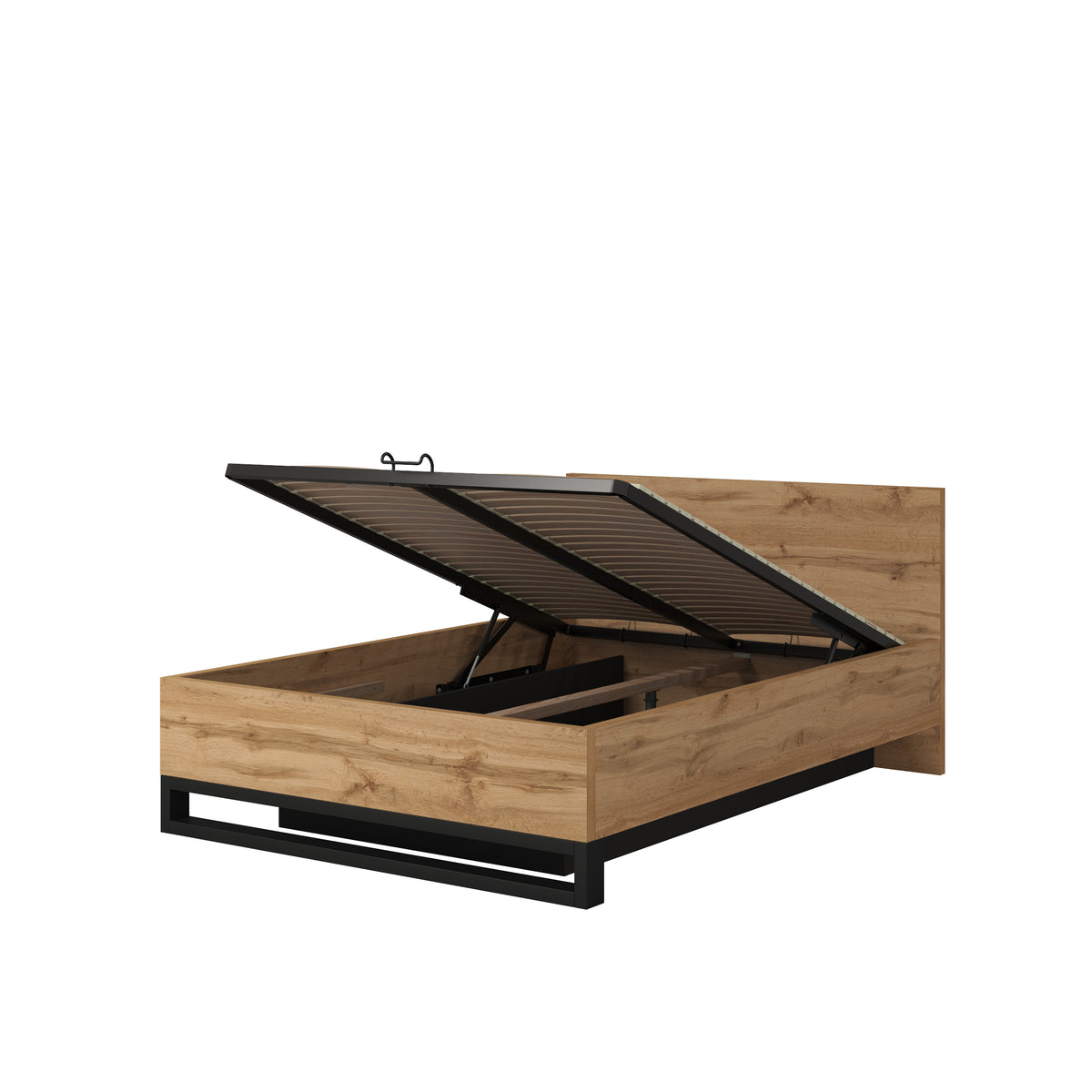 Ottoman storage bed with lift-up lid, wood-effect panels, black metal base