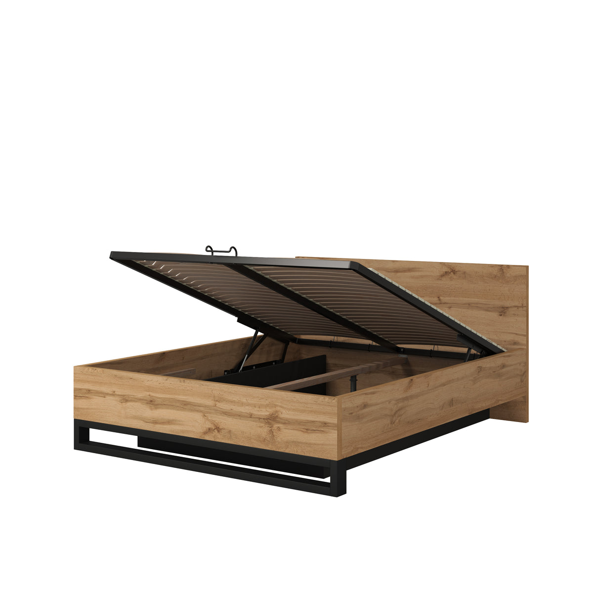 Ottoman storage bed, open lift mechanism, wood-effect frame with black base