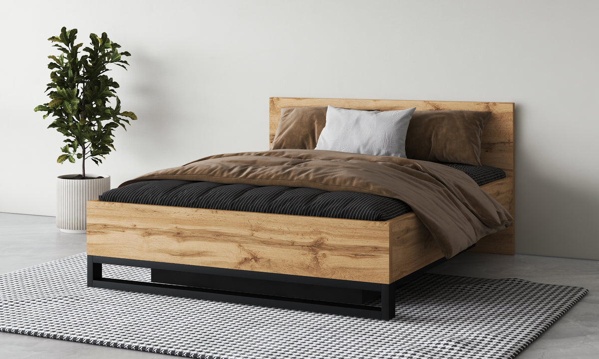 Wood-effect ottoman bed with black metal base, white and brown bedding
