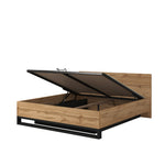 Ottoman storage bed with raised lid, striped underside, wood-effect frame and black base