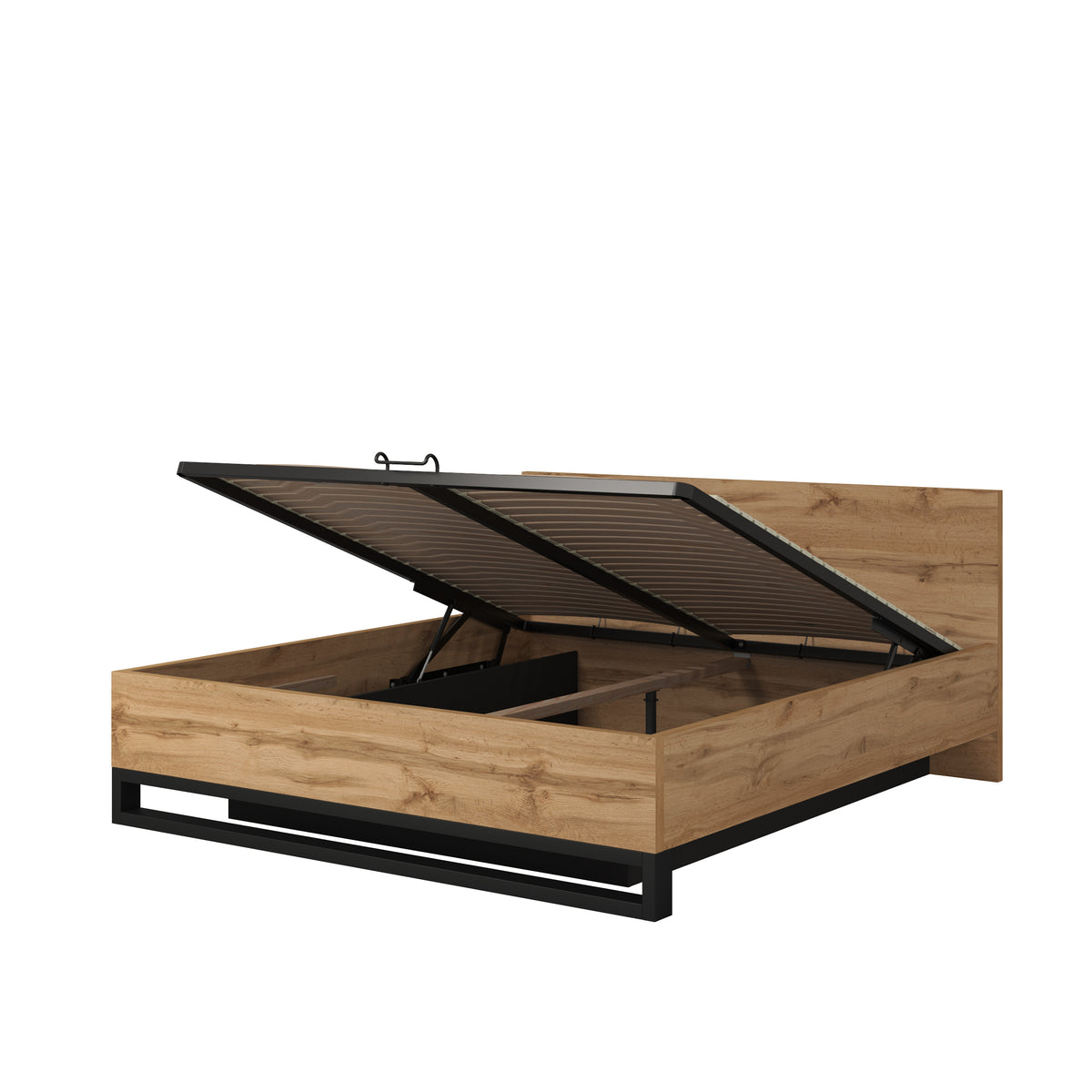 Ottoman storage bed with raised lid, striped underside, wood-effect frame and black base
