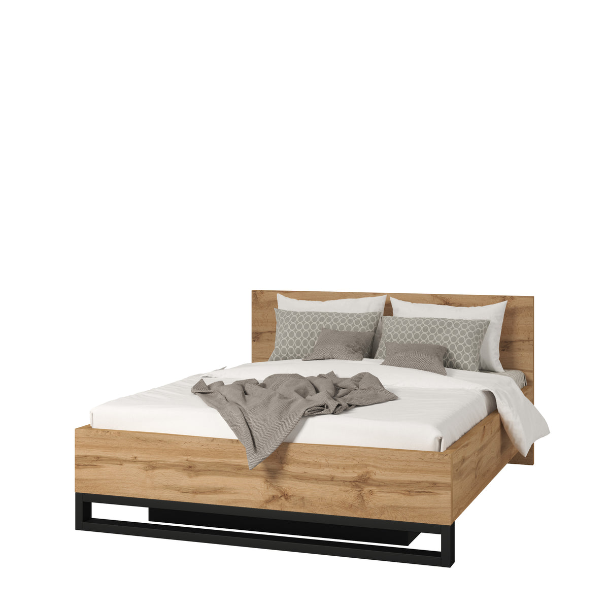 Alin bed with light oak frame, black base, white duvet and gray throw