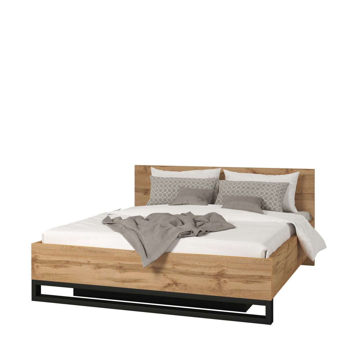 Wood-effect ottoman bed with black metal base, white bedding with gray and beige pillows