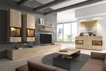 Wood TV wall unit with long low console, TV niche, and illuminated display columns
