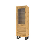 Slim glass display cabinet in light wood with two glass shelves and solid base