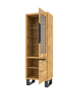 Open slim wood display cabinet with glass door and three interior shelves on legs