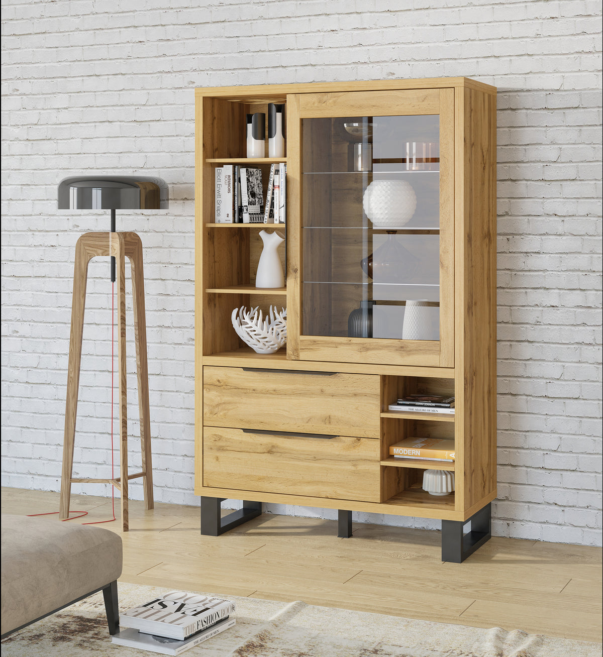 Oak-toned display cabinet with glass door, open shelves, and two drawers