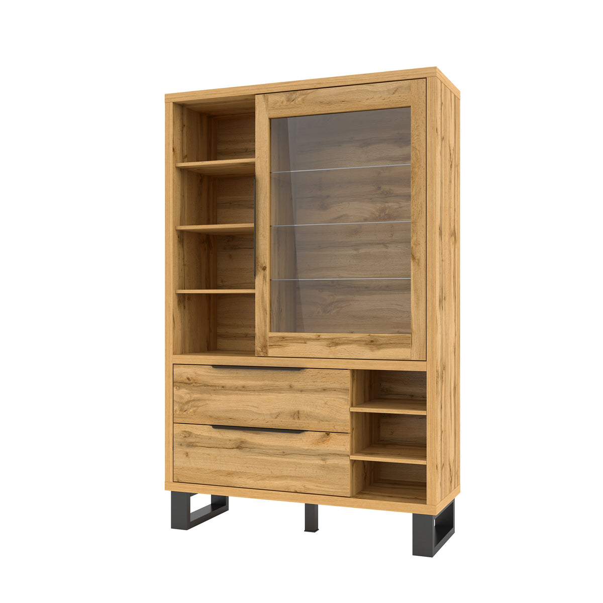 Wood display cabinet with glass door, interior shelves, and two drawers front view