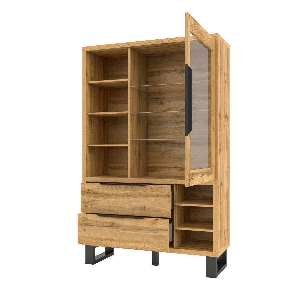 Display cabinet with glass door and open compartments beside two drawers, angled