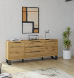 Light wood sideboard with 2 doors, 3 drawers, and black angled legs.