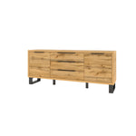Light wood sideboard with 2 cabinet doors, central drawer, and black legs.