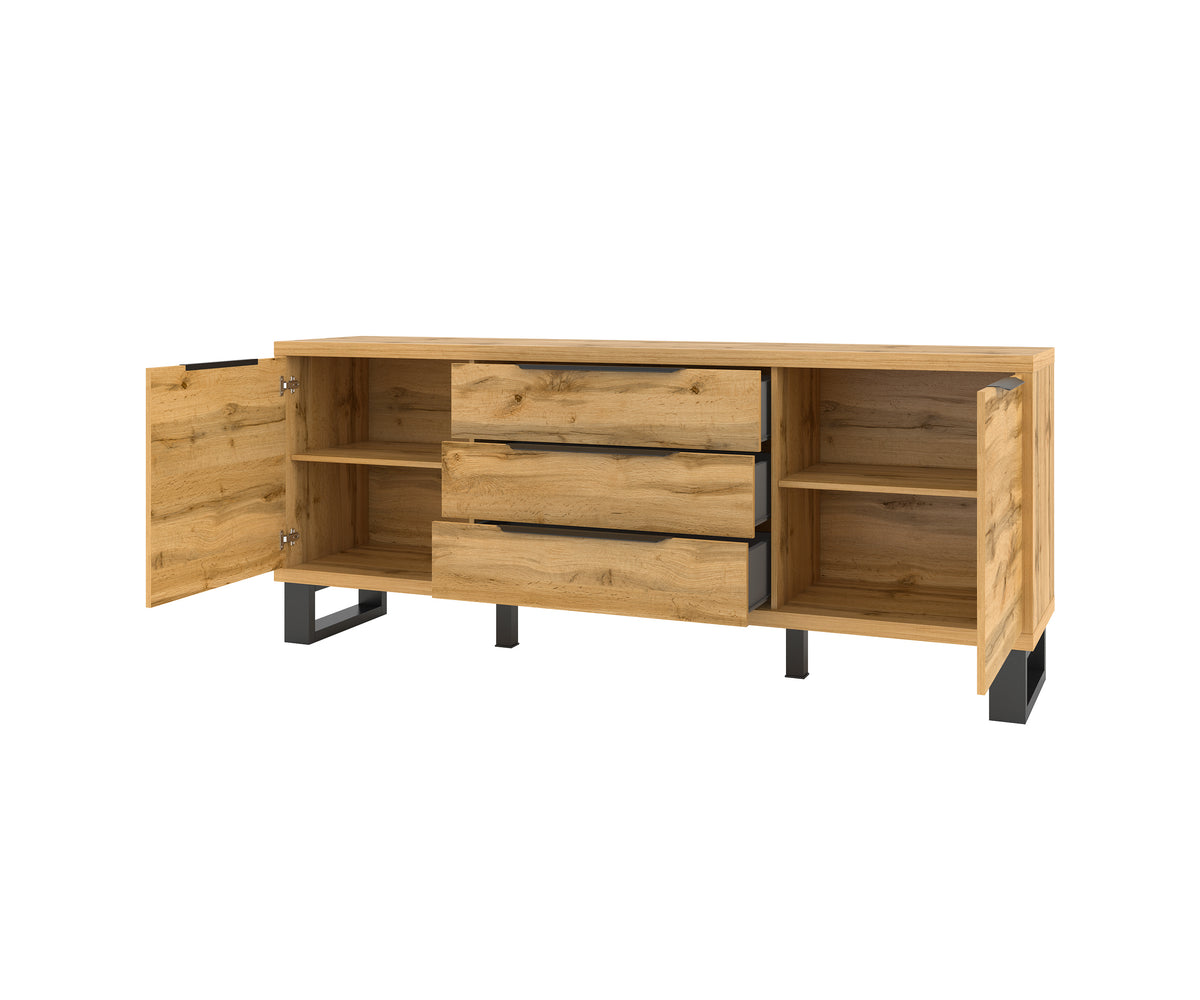 Open light wood sideboard showing 2 cabinets and central drawer, with black legs.