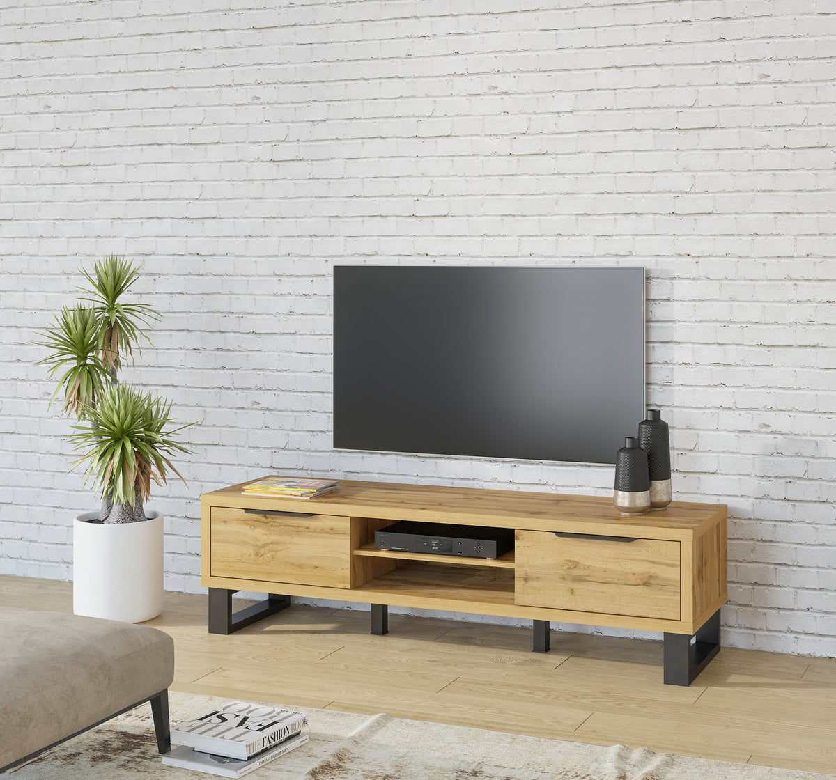 Light wood TV stand with center open media compartment and black legs