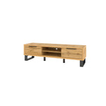 Light wood TV stand with central open bay, two side compartments, black metal legs