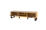 Light wood TV stand with open center media bay and side shelves, black legs