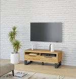 Wooden TV stand with 2 drawers, open shelves, and black angled legs