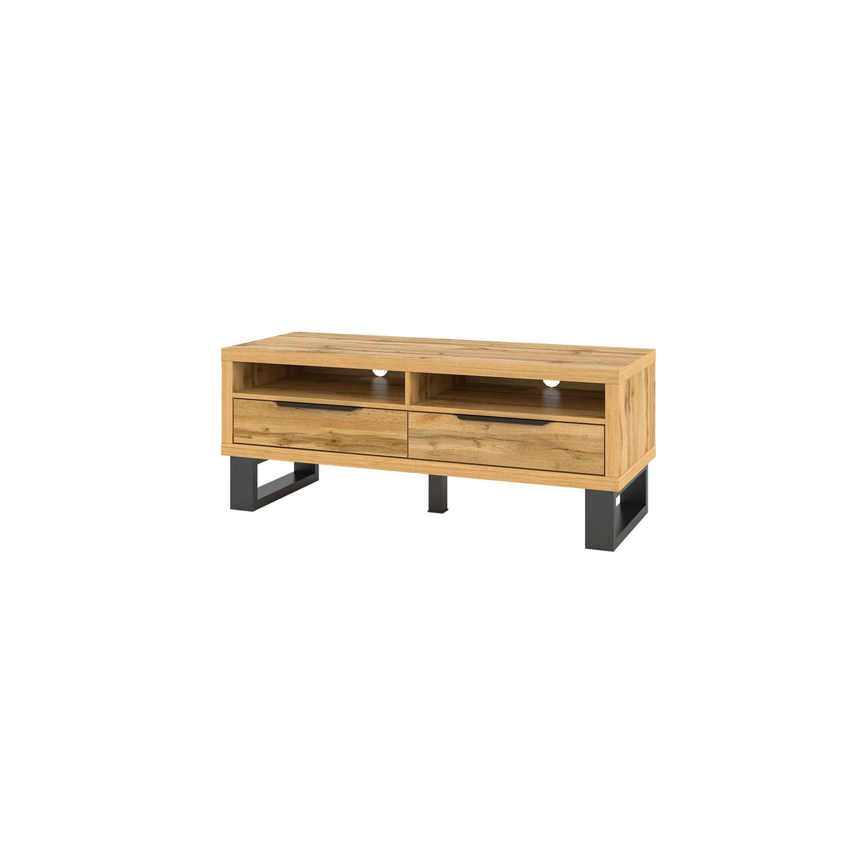 Oak-style media console with two drawers and open storage, black legs