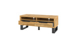 Wooden TV unit with two open compartments and two drawers, black legs