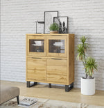 Short 4-door display cabinet in light wood with glass upper doors and black legs