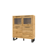 Light wood 4-door display cabinet with glass doors, panel lower doors, and black feet