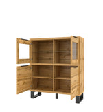Light wood short display cabinet with open doors, interior shelves, and black legs