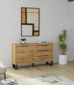 Light wood sideboard with 3 drawers, one door, and black legs.