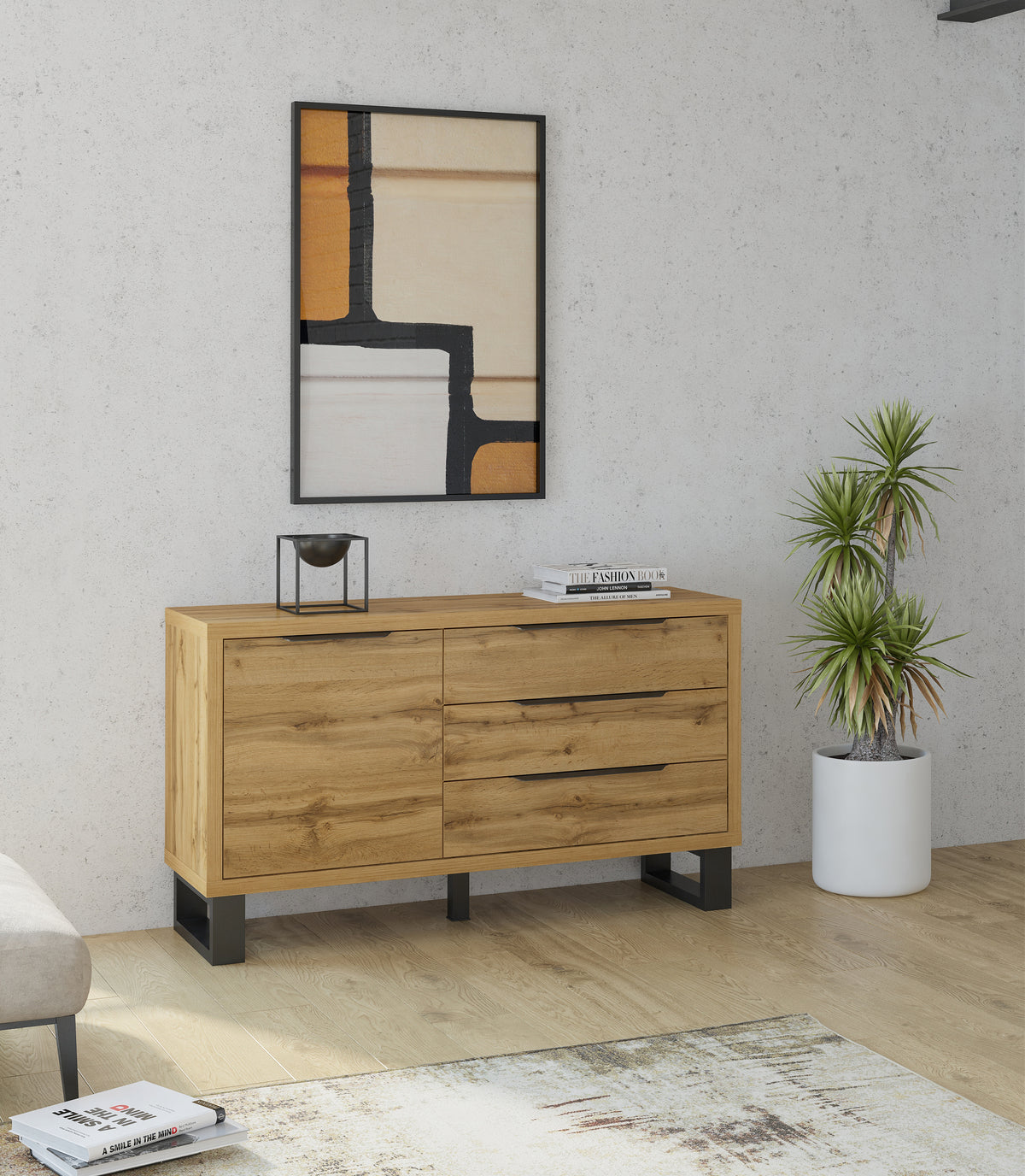 Light wood sideboard with 3 drawers, one door, and black legs.