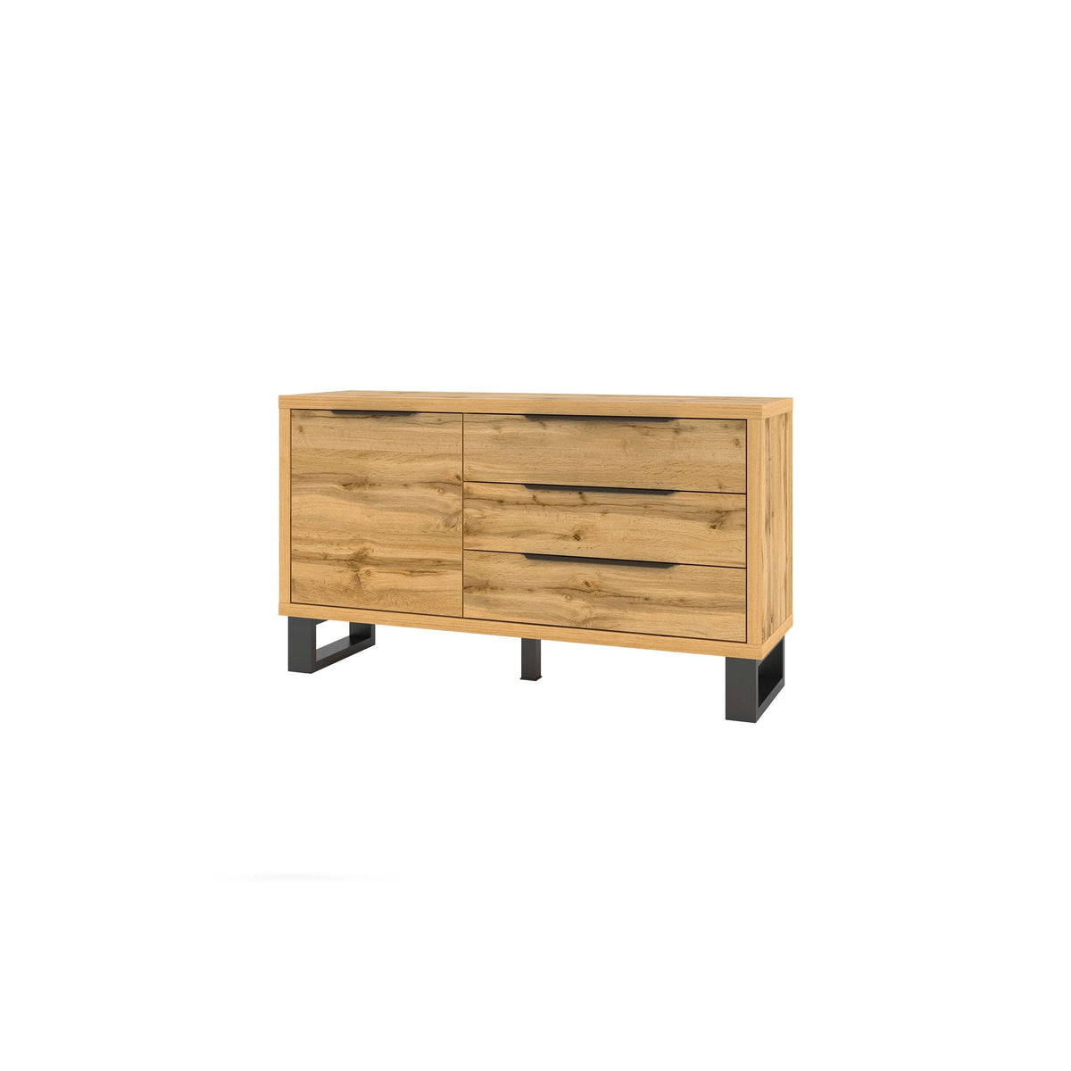 Light wood sideboard with 3 drawers and one door, supported by black legs.