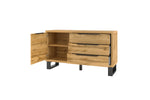 Light wood sideboard with open door, interior storage, and three drawers on black legs.
