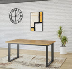 Rectangular dining table, light wood top and grey metal legs, 100 x 200 cm.