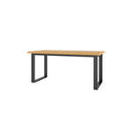 Rectangular dining table with light wood tabletop and dark grey metal legs.