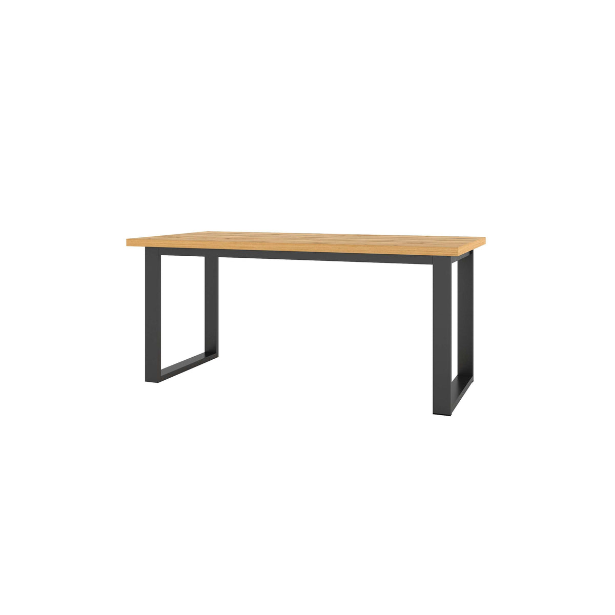 Rectangular dining table with light wood tabletop and dark grey metal legs.