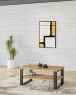 Rectangular wooden coffee table with lower shelf and gray legs