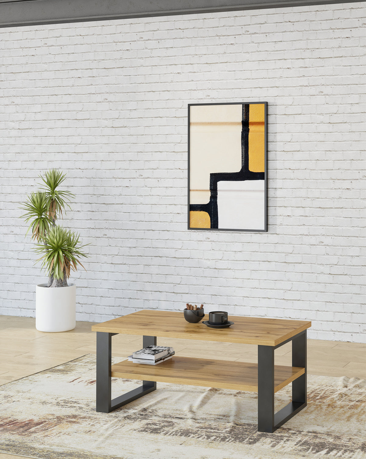 Rectangular wooden coffee table with lower shelf and gray legs