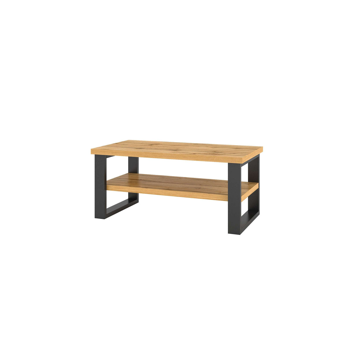 Light wood rectangular coffee table with gray supports and open lower shelf