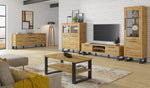 Slim wood display cabinet with glass doors, two-tone panels, and dark metal legs