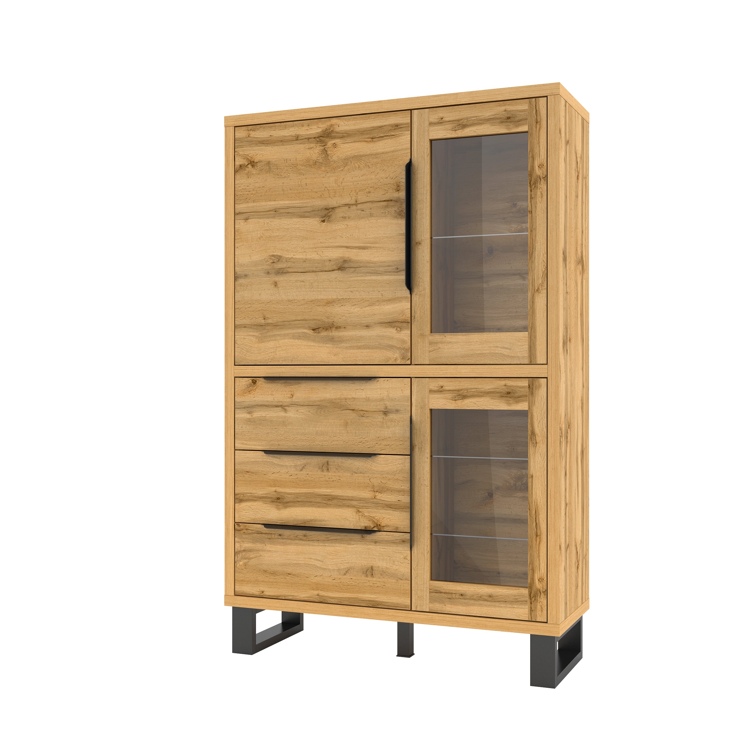 Light wood display cabinet with two glass doors and three drawers, black feet