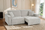 Light grey 3-seater sofa bed with square armrests and chaise extension, fabric upholstery.