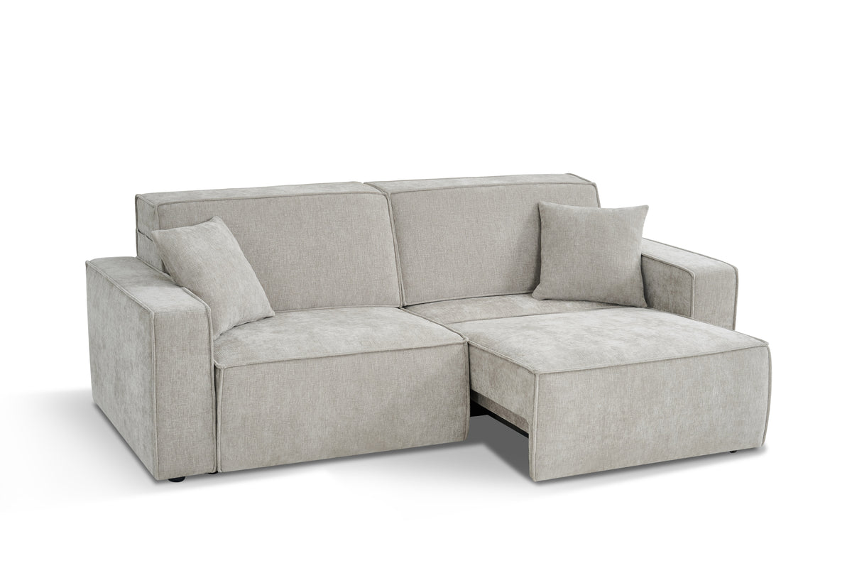 Light grey 3-seater sofa bed with chaise section on the right, textured fabric cover.