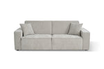 Light grey 3-seater sofa bed with three back cushions and wide armrests, fabric upholstery.