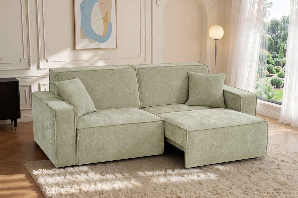 Green 3-seater sofa bed with chaise extension and square armrests, soft fabric upholstery.