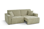 Green 3-seater sofa bed with right-side chaise section and two seat cushions, fabric cover.