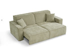 Green 3-seater sofa bed pulled out into a bed, with chaise seat and throw pillow.