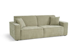Green 3-seater sofa bed with three back cushions and armrests, fabric upholstery.