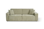 Green 3-seater sofa bed with wide seats and backrest cushions, fabric upholstery.