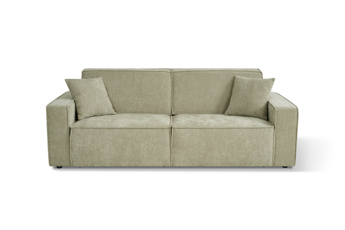Green 3-seater sofa bed with wide seats and backrest cushions, fabric upholstery.