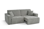 Grey fabric 3-seater sofabed with chaise extension, split cushions, and thick arms